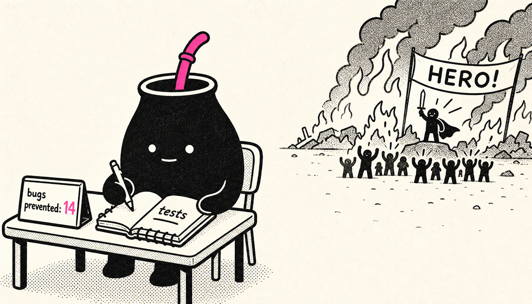 Prevention is invisible — Matio writing tests while the hero gets cheered