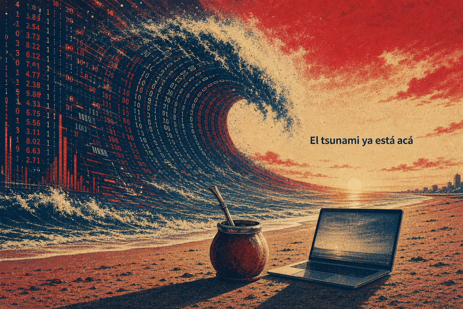 Tsunami de datos digitales rompiendo sobre una playa con mate y laptop — ilustración editorial