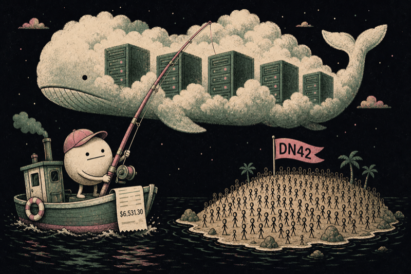 Ilustración editorial: mascota en un bote pescando una nube AWS con forma de ballena