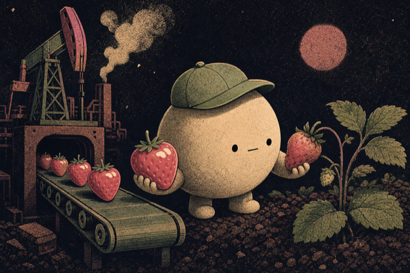 Ilustración editorial: frutilla sintética en una cinta de fábrica versus frutilla real en una planta